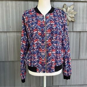 Sanctuary Red & Blue Floral Zip Bomber Jacket Medium